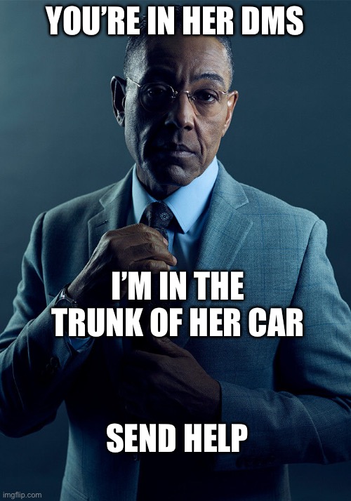 Help! | YOU’RE IN HER DMS; I’M IN THE TRUNK OF HER CAR; SEND HELP | image tagged in gus fring we are not the same,private,dms | made w/ Imgflip meme maker