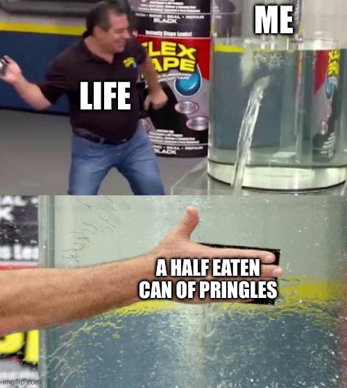 Pringles are the cure to depression | ME; LIFE; A HALF EATEN CAN OF PRINGLES | image tagged in flex tape | made w/ Imgflip meme maker