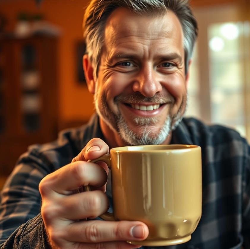 High Quality A Morning Man Offering a Mug of Drink Blank Meme Template