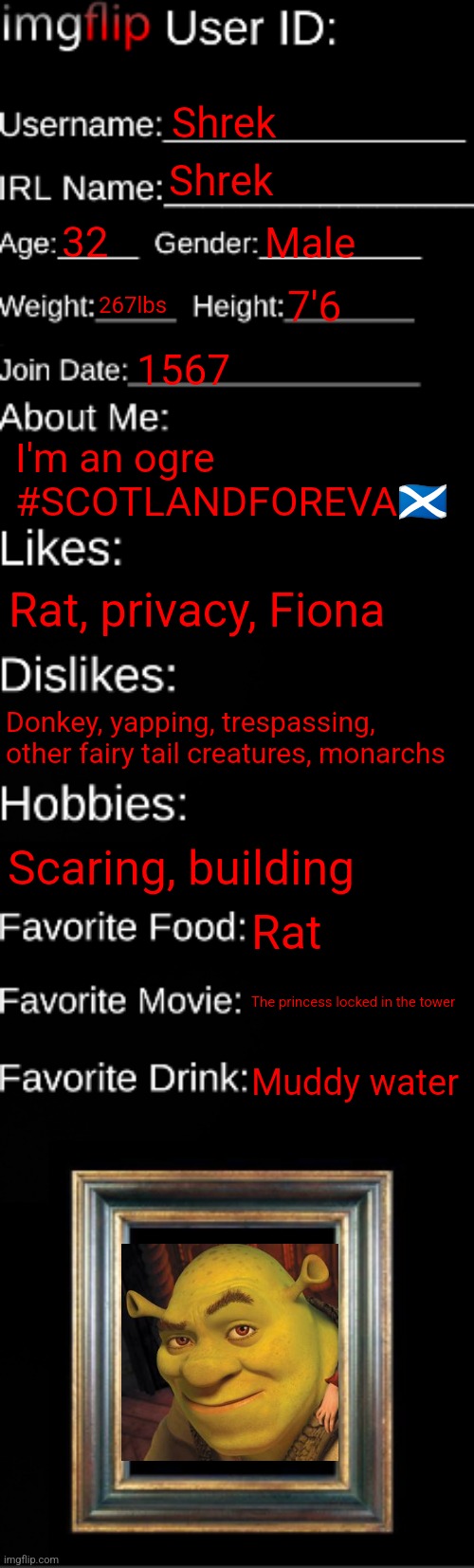 imgflip ID Card | Shrek; Shrek; 32; Male; 267lbs; 7'6; 1567; I'm an ogre #SCOTLANDFOREVA🏴󠁧󠁢󠁳󠁣󠁴󠁿; Rat, privacy, Fiona; Donkey, yapping, trespassing, other fairy tail creatures, monarchs; Scaring, building; Rat; The princess locked in the tower; Muddy water | image tagged in imgflip id card | made w/ Imgflip meme maker