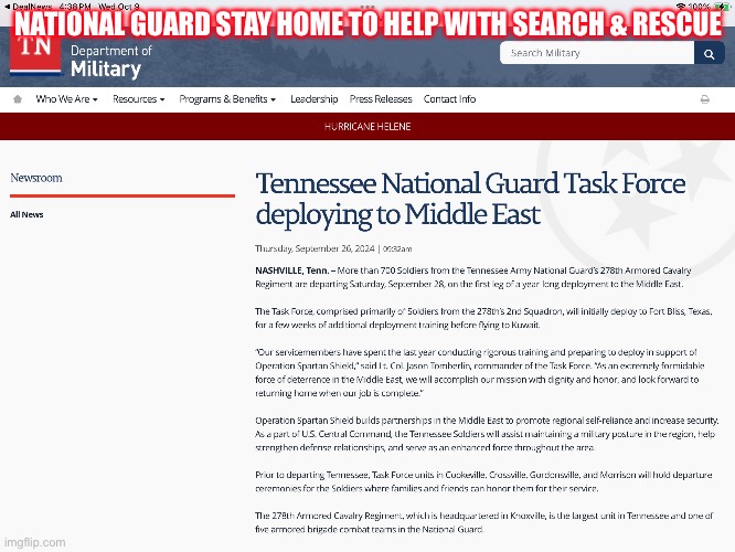 Tennessee National Guard Deployed To Kuwaitt? | NATIONAL GUARD STAY HOME TO HELP WITH SEARCH & RESCUE | image tagged in fema disaster | made w/ Imgflip meme maker