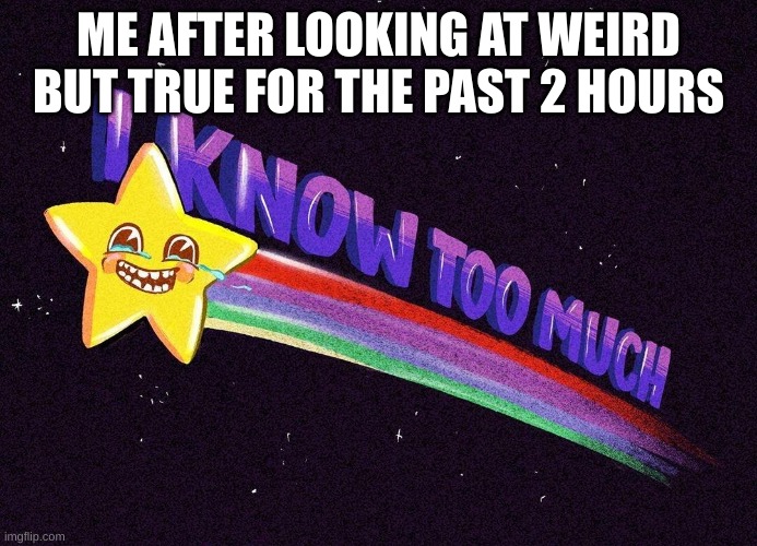 I know too much | ME AFTER LOOKING AT WEIRD BUT TRUE FOR THE PAST 2 HOURS | image tagged in i know too much | made w/ Imgflip meme maker