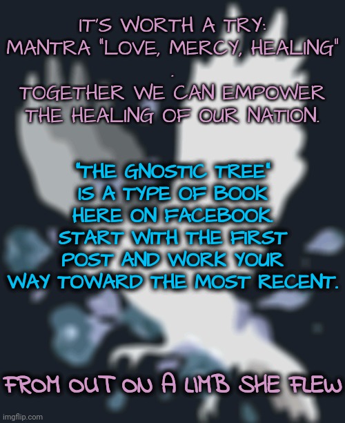 IT'S WORTH A TRY: MANTRA "LOVE, MERCY, HEALING"
.
TOGETHER WE CAN EMPOWER THE HEALING OF OUR NATION. "THE GNOSTIC TREE"
IS A TYPE OF BOOK HERE ON FACEBOOK. START WITH THE FIRST POST AND WORK YOUR WAY TOWARD THE MOST RECENT. FROM OUT ON A LIMB SHE FLEW | made w/ Imgflip meme maker