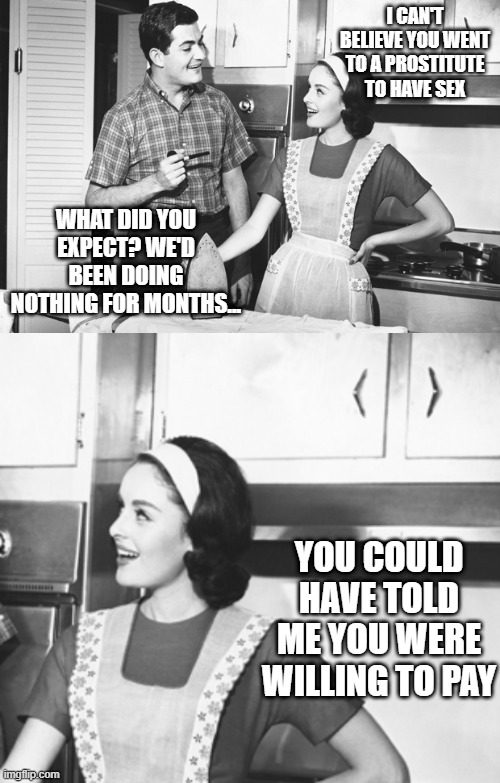 You Went to See a Prostitute? | I CAN'T BELIEVE YOU WENT TO A PROSTITUTE TO HAVE SEX; WHAT DID YOU EXPECT? WE'D BEEN DOING NOTHING FOR MONTHS... YOU COULD HAVE TOLD ME YOU WERE WILLING TO PAY | image tagged in vintage husband and wife | made w/ Imgflip meme maker