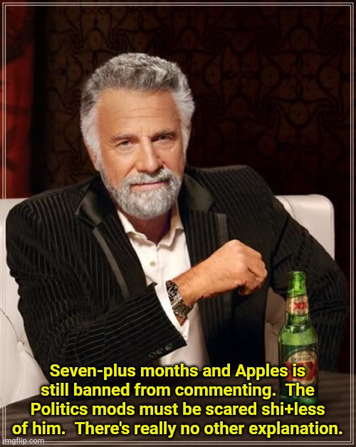 Banned from commenting for no apparent reason | Seven-plus months and Apples is still banned from commenting.  The Politics mods must be scared shi+less of him.  There's really no other explanation. | image tagged in memes,the most interesting man in the world | made w/ Imgflip meme maker