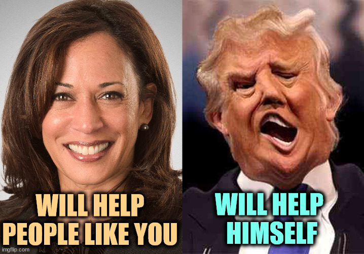 Harris wants to be president for all Americans. Trump wants to be dictator for himself alone. | WILL HELP 
HIMSELF; WILL HELP PEOPLE LIKE YOU | image tagged in kamala harris sane donald trump crazy on acid,kamala harris,help,trump,selfishness | made w/ Imgflip meme maker