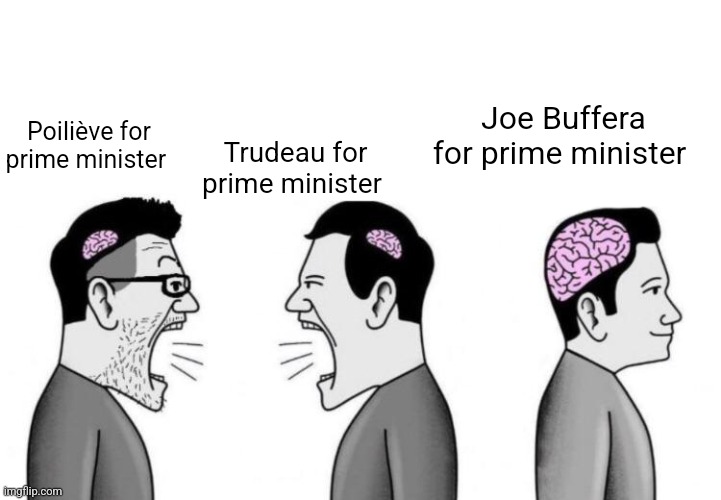 Small Brains Arguing | Joe Buffera for prime minister; Trudeau for prime minister; Poiliève for prime minister | image tagged in small brains arguing | made w/ Imgflip meme maker