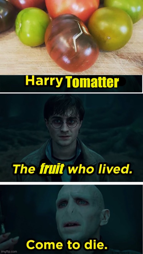 Harry Tomatter | Tomatter; fruit | image tagged in the boy who lived,tomato,harry potter,dad joke,bad pun | made w/ Imgflip meme maker