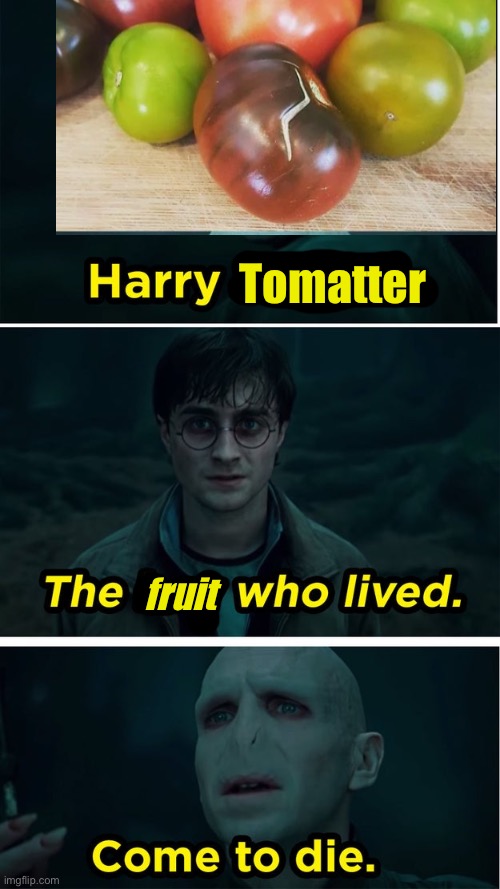 Come to die | Tomatter; fruit | image tagged in the boy who lived,harry potter,fruit,tomato | made w/ Imgflip meme maker