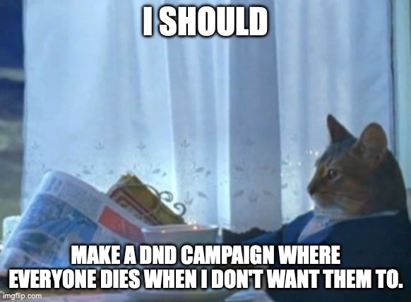 I Should Buy A Boat Cat | I SHOULD; MAKE A DND CAMPAIGN WHERE EVERYONE DIES WHEN I DON'T WANT THEM TO. | image tagged in memes,i should buy a boat cat | made w/ Imgflip meme maker