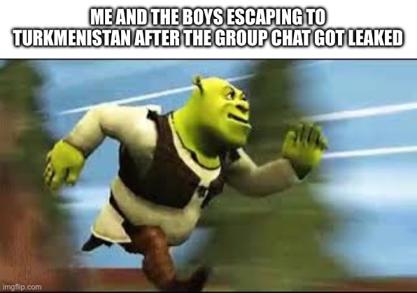 The fbi will never find us there | ME AND THE BOYS ESCAPING TO TURKMENISTAN AFTER THE GROUP CHAT GOT LEAKED | image tagged in shrek running,me and the boys,escape,group chats,leaks | made w/ Imgflip meme maker