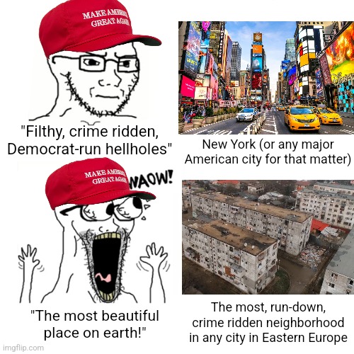 It seems American conservatives hate their own country and prefer shitty Eastern European countries | "Filthy, crime ridden, Democrat-run hellholes"; New York (or any major American city for that matter); The most, run-down, crime ridden neighborhood in any city in Eastern Europe; "The most beautiful place on earth!" | image tagged in waow wojak,conservatives,conservative hypocrisy,balkans,europe | made w/ Imgflip meme maker