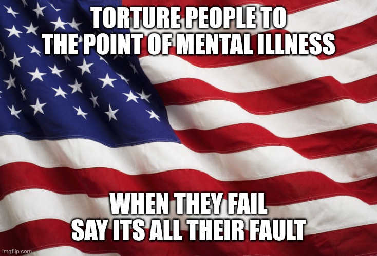 How the US treats its people | TORTURE PEOPLE TO THE POINT OF MENTAL ILLNESS; WHEN THEY FAIL SAY ITS ALL THEIR FAULT | image tagged in us flag,politics,us government | made w/ Imgflip meme maker