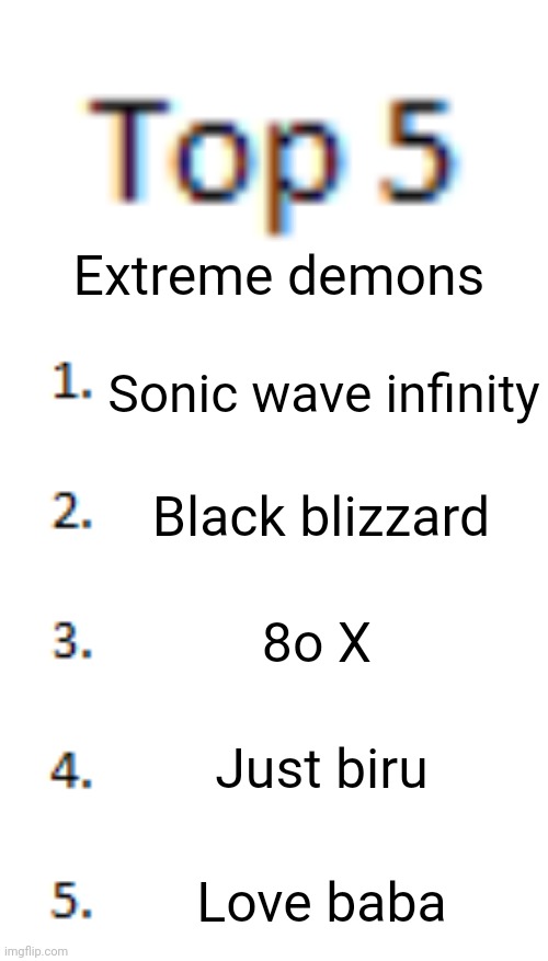 Top 5 List | Extreme demons; Sonic wave infinity; Black blizzard; 8o X; Just biru; Love baba | image tagged in top 5 list | made w/ Imgflip meme maker