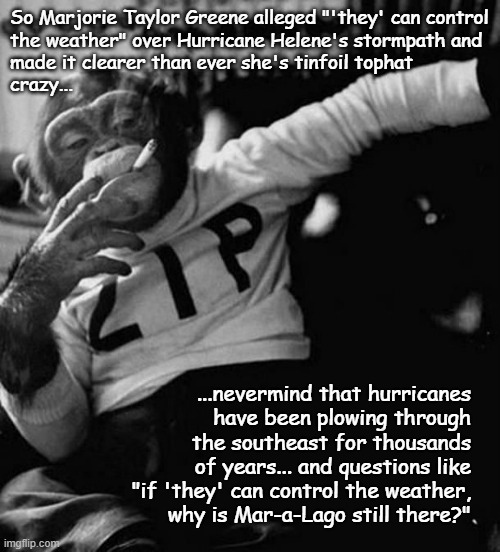 How is this witch still in Congress? Georgia's 14th Congressional district, I'm looking in your direction... | So Marjorie Taylor Greene alleged "'they' can control
the weather" over Hurricane Helene's stormpath and
made it clearer than ever she's tinfoil tophat
crazy... ...nevermind that hurricanes
have been plowing through
the southeast for thousands
of years... and questions like
"if 'they' can control the weather,
why is Mar-a-Lago still there?" | image tagged in monkey smoke zip,crazy lady | made w/ Imgflip meme maker