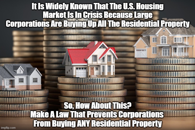 How To Stop The Relentless Run-Up In Real Estate Values And Consequent Unaffordability For Many Homebuyers | It Is Widely Known That The U.S. Housing Market Is In Crisis Because Large Corporations Are Buying Up All The Residential Property; So, How About This?

Make A Law That Prevents Corporations 
From Buying ANY Residential Property | image tagged in affordable housing,there should be a law,regulation of corporations,regulation | made w/ Imgflip meme maker