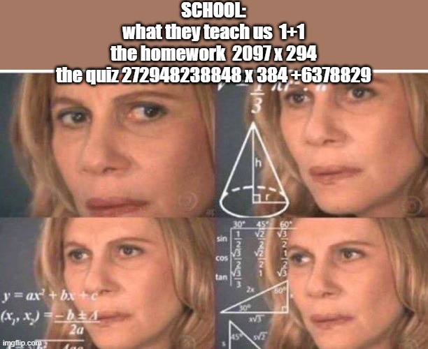 bruh | SCHOOL:
what they teach us  1+1
the homework  2097 x 294
the quiz 272948238848 x 384 +6378829 | image tagged in math lady/confused lady,school,math,bruh | made w/ Imgflip meme maker