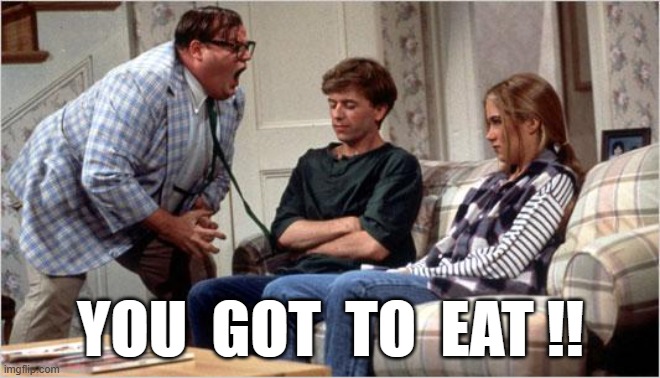 YOU GOT TO EAT !! | YOU  GOT  TO  EAT !! | image tagged in matt foley chris farley | made w/ Imgflip meme maker