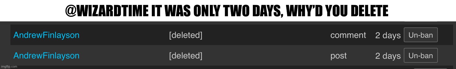 @wizardtime | @WIZARDTIME IT WAS ONLY TWO DAYS, WHY’D YOU DELETE | made w/ Imgflip meme maker