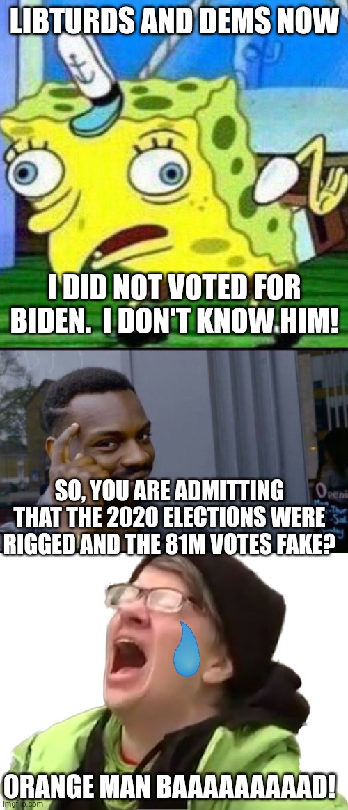 LIBTURDS AND DEMS NOW I DID NOT VOTED FOR BIDEN.  I DON'T KNOW HIM! SO, YOU ARE ADMITTING THAT THE 2020 ELECTIONS WERE RIGGED AND THE 81M VO | image tagged in triggerpaul,thinking black man,screaming liberal | made w/ Imgflip meme maker