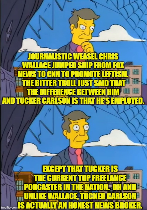 At this stage most people are inclined to say, "Chris who?" | JOURNALISTIC WEASEL CHRIS WALLACE JUMPED SHIP FROM FOX NEWS TO CNN TO PROMOTE LEFTISM.  THE BITTER TROLL JUST SAID THAT THE DIFFERENCE BETWEEN HIM AND TUCKER CARLSON IS THAT HE'S EMPLOYED. EXCEPT THAT TUCKER IS THE CURRENT TOP FREELANCE PODCASTER IN THE NATION.  OH AND UNLIKE WALLACE, TUCKER CARLSON IS ACTUALLY AN HONEST NEWS BROKER. | image tagged in skinner out of touch | made w/ Imgflip meme maker