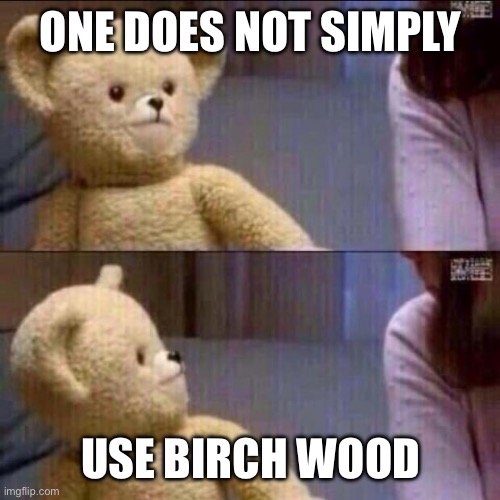 shocked bear | ONE DOES NOT SIMPLY; USE BIRCH WOOD | image tagged in shocked bear | made w/ Imgflip meme maker