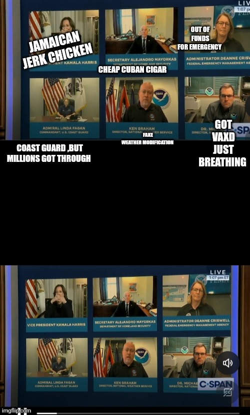 The shady bunch | OUT OF FUNDS FOR EMERGENCY; JAMAICAN JERK CHICKEN; FAKE WEATHER MODIFICATION; CHEAP CUBAN CIGAR; GOT VAXD JUST BREATHING; COAST GUARD ,BUT MILLIONS GOT THROUGH | image tagged in kameltoe,y u no,excuse me what the fuck,scripted | made w/ Imgflip meme maker