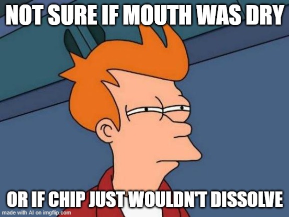 Futurama Fry | NOT SURE IF MOUTH WAS DRY; OR IF CHIP JUST WOULDN'T DISSOLVE | image tagged in memes,futurama fry | made w/ Imgflip meme maker