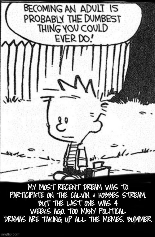 Political Memes Are a Bummer | MY MOST RECENT DREAM WAS TO PARTICIPATE ON THE CALVIN & HOBBES STREAM.
BUT THE LAST ONE WAS 4 WEEKS AGO. TOO MANY POLITICAL DRAMAS ARE TAKING UP ALL THE MEMES. BUMMER. | image tagged in calvin and hobbes | made w/ Imgflip meme maker