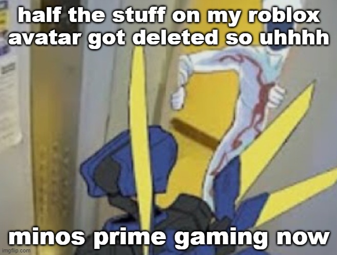 V1 vs Minos Prime | half the stuff on my roblox avatar got deleted so uhhhh; minos prime gaming now | image tagged in v1 vs minos prime | made w/ Imgflip meme maker