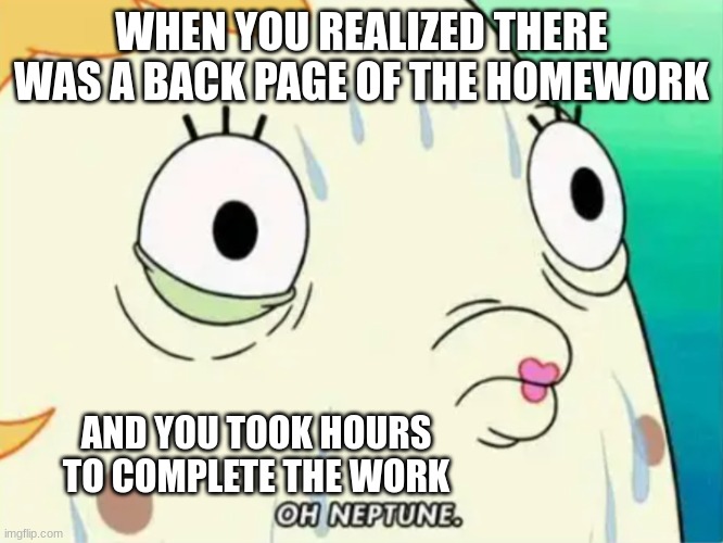 Forgetting to do the back page... | WHEN YOU REALIZED THERE WAS A BACK PAGE OF THE HOMEWORK; AND YOU TOOK HOURS TO COMPLETE THE WORK | image tagged in ms puff oh neptune | made w/ Imgflip meme maker