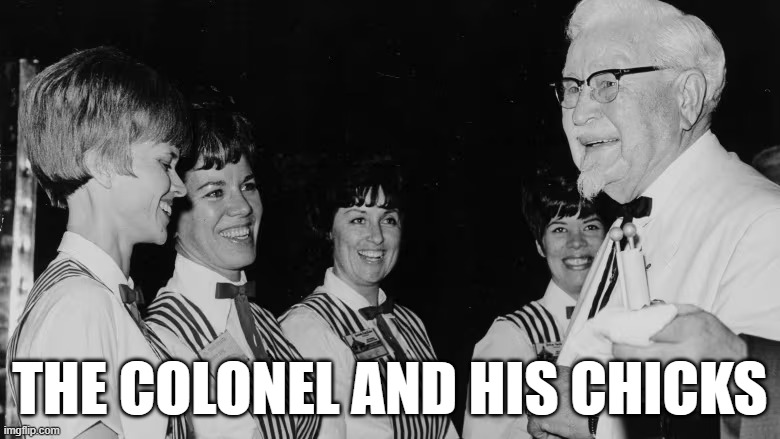 THE COLONEL AND HIS CHICKS (LADIES) | THE COLONEL AND HIS CHICKS | image tagged in colonel sanders | made w/ Imgflip meme maker