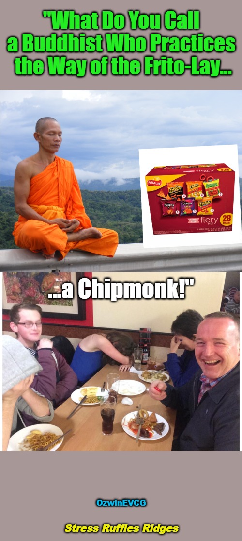 Stress Ruffles Ridges | "What Do You Call 

a Buddhist Who Practices 

the Way of the Frito-Lay... ...a Chipmonk!"; OzwinEVCG; Stress Ruffles Ridges | image tagged in buddhism,religion,food,chips,can't take dad anywhere,chipmunks | made w/ Imgflip meme maker