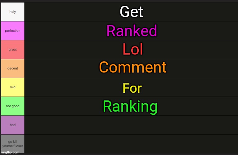 Ayden's tier list | Get; Ranked; Lol; Comment; For; Ranking | image tagged in ayden's tier list | made w/ Imgflip meme maker