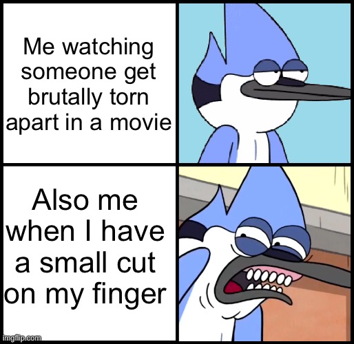 Mordecai disgusted | Me watching someone get brutally torn apart in a movie; Also me when I have a small cut on my finger | image tagged in mordecai disgusted | made w/ Imgflip meme maker