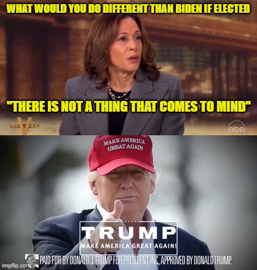 Says one thing! Admits another. | WHAT WOULD YOU DO DIFFERENT THAN BIDEN IF ELECTED; "THERE IS NOT A THING THAT COMES TO MIND" | image tagged in kamala harris,vice president,maga,make america great again,joe biden,trump | made w/ Imgflip meme maker