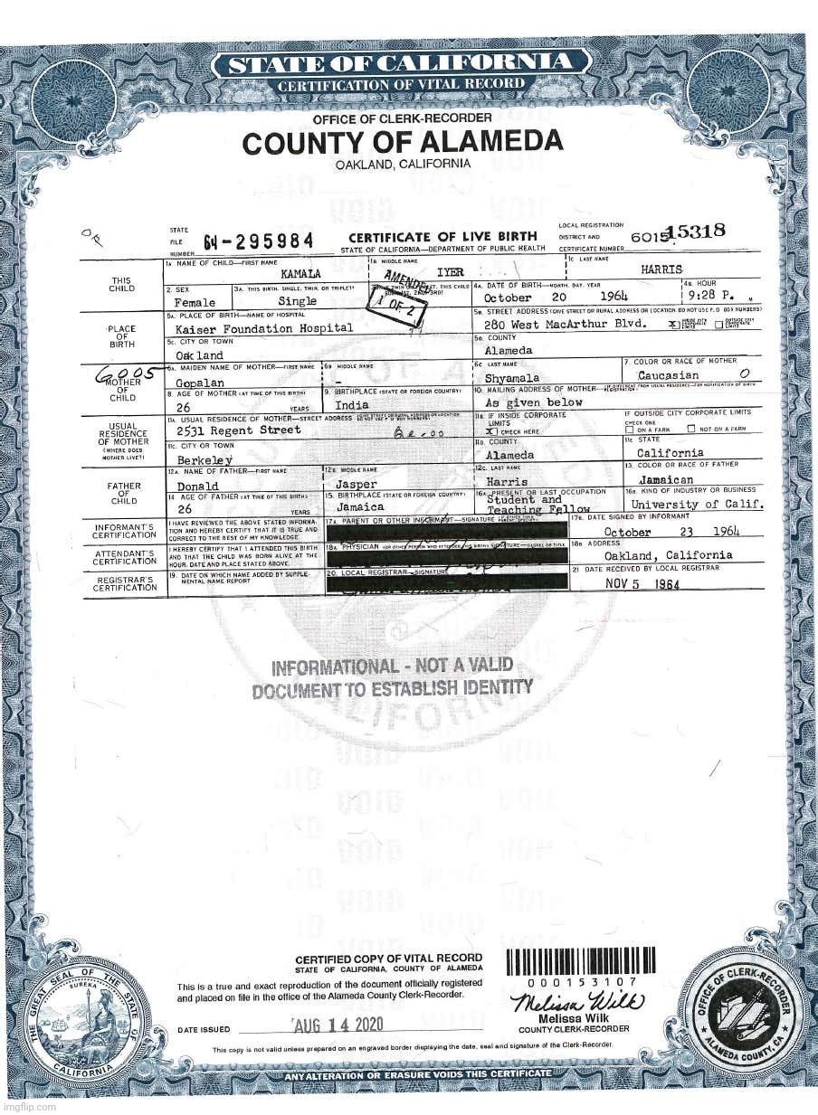 Kamala Harris birth certificate | image tagged in kamala harris birth certificate | made w/ Imgflip meme maker