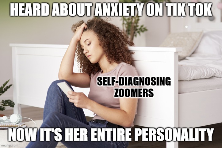 The purpose of education is to get to "know thyself". And you are more than a diagnosis or the latest Tik Tok lifestyle trend. | HEARD ABOUT ANXIETY ON TIK TOK; SELF-DIAGNOSING
ZOOMERS; NOW IT'S HER ENTIRE PERSONALITY | image tagged in gen z,anxiety,tik tok,personality,education,who are you | made w/ Imgflip meme maker