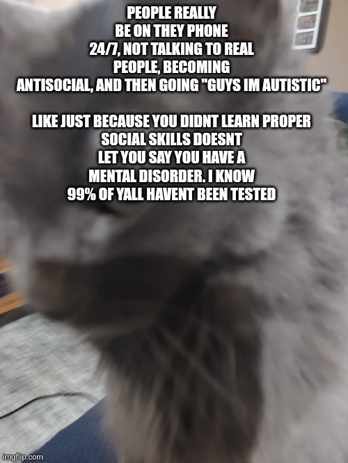 ㅤ | PEOPLE REALLY BE ON THEY PHONE 24/7, NOT TALKING TO REAL PEOPLE, BECOMING ANTISOCIAL, AND THEN GOING "GUYS IM AUTISTIC"

 
LIKE JUST BECAUSE YOU DIDNT LEARN PROPER SOCIAL SKILLS DOESNT LET YOU SAY YOU HAVE A MENTAL DISORDER. I KNOW 99% OF YALL HAVENT BEEN TESTED | image tagged in 32's cat | made w/ Imgflip meme maker