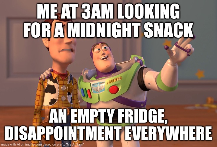 X, X Everywhere Meme | ME AT 3AM LOOKING FOR A MIDNIGHT SNACK; AN EMPTY FRIDGE, DISAPPOINTMENT EVERYWHERE | image tagged in memes,x x everywhere | made w/ Imgflip meme maker