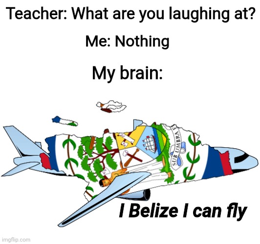 I had a good laugh thinking about this during school | Teacher: What are you laughing at? Me: Nothing; My brain:; I Belize I can fly | image tagged in belize,meme,funny,airplane,i believe i can fly,i believe i can touch the sky | made w/ Imgflip meme maker