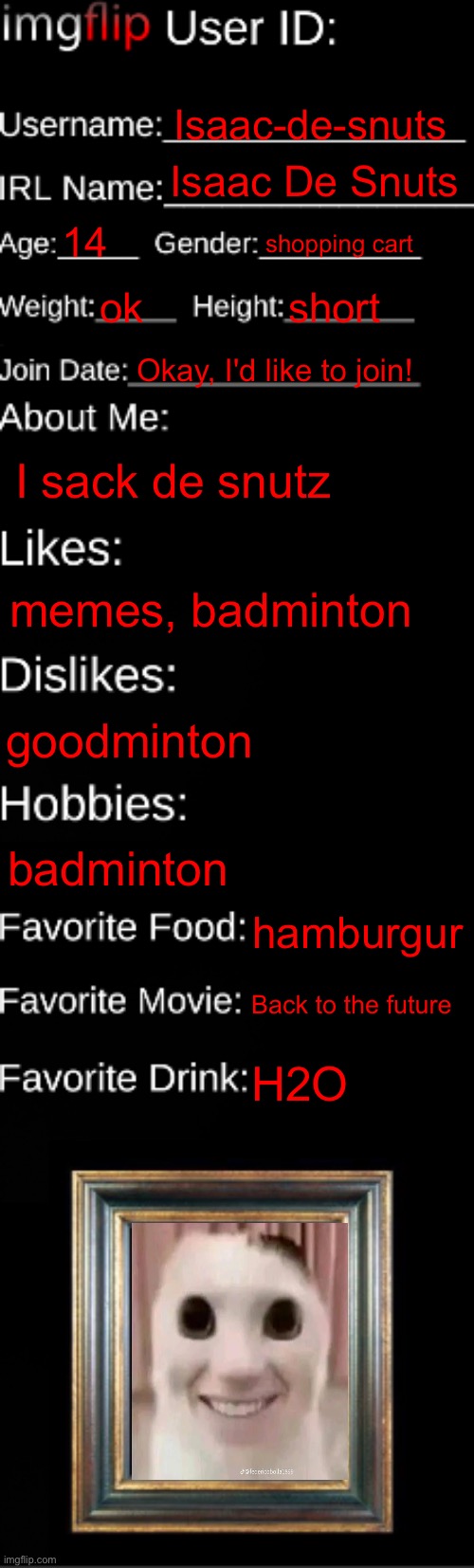 :( | Isaac-de-snuts; Isaac De Snuts; 14; shopping cart; ok; short; Okay, I'd like to join! I sack de snutz; memes, badminton; goodminton; badminton; hamburgur; Back to the future; H2O | image tagged in imgflip id card,meme | made w/ Imgflip meme maker