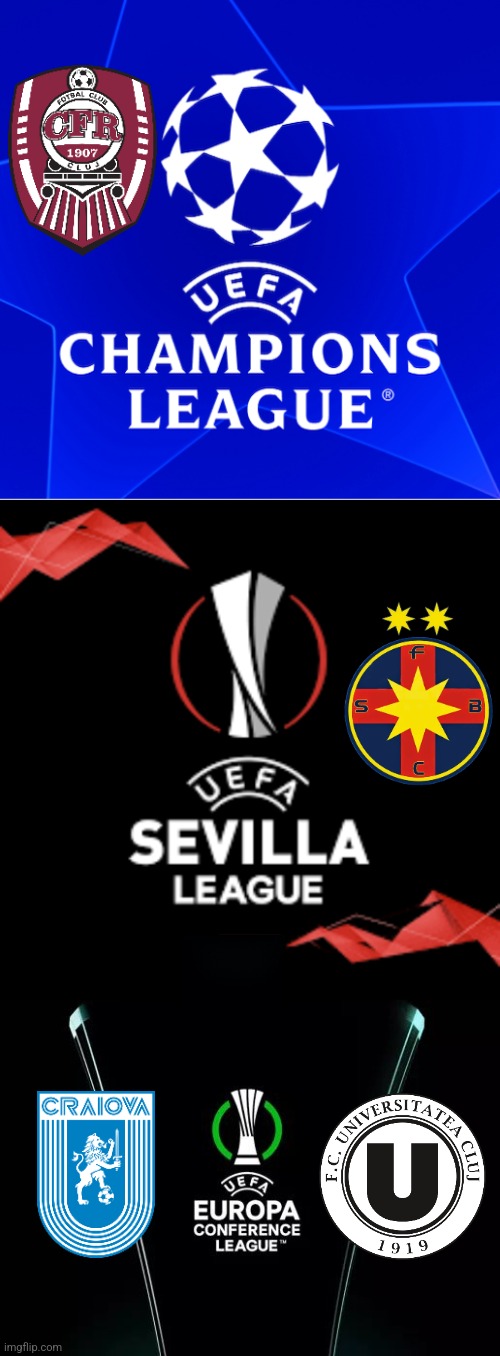 CFR în Liga Campionilor UEFA, SC FCSB SA în Liga Europa, Craiova și ”U” Cluj în Conference League, 2025-26 (PREDICȚIE) | image tagged in champions league,sevilla league,uefa conference league,cfr cluj,fcsb,craiova | made w/ Imgflip meme maker