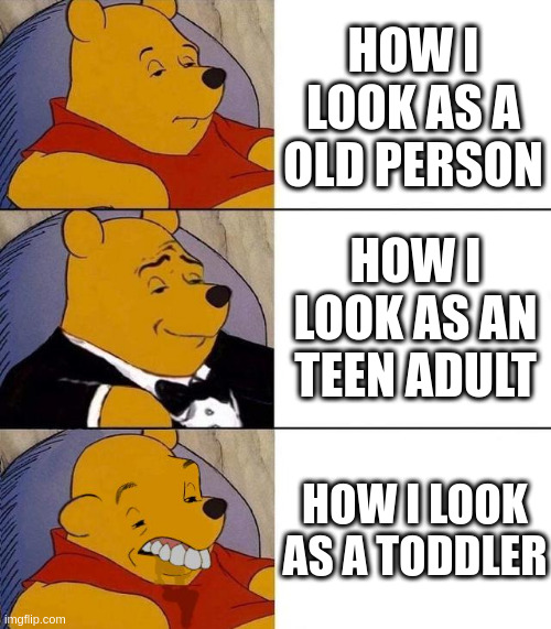 best, better, blurst | HOW I LOOK AS A OLD PERSON; HOW I LOOK AS AN TEEN ADULT; HOW I LOOK AS A TODDLER | image tagged in best better blurst | made w/ Imgflip meme maker