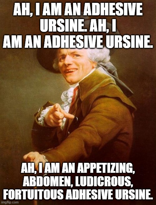 The Adhesive Ursine Canticle | AH, I AM AN ADHESIVE URSINE. AH, I AM AN ADHESIVE URSINE. AH, I AM AN APPETIZING, ABDOMEN, LUDICROUS, FORTUITOUS ADHESIVE URSINE. | image tagged in memes,joseph ducreux | made w/ Imgflip meme maker