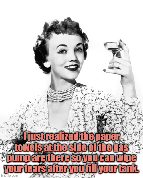 Gas Prices | I just realized the paper towels at the side of the gas pump are there so you can wipe your tears after you fill your tank. | image tagged in woman drinking wine,gas,gas prices,woman,funny | made w/ Imgflip meme maker