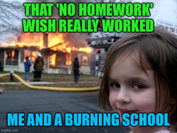 School | THAT 'NO HOMEWORK' WISH REALLY WORKED; ME AND A BURNING SCHOOL | image tagged in memes,disaster girl | made w/ Imgflip meme maker