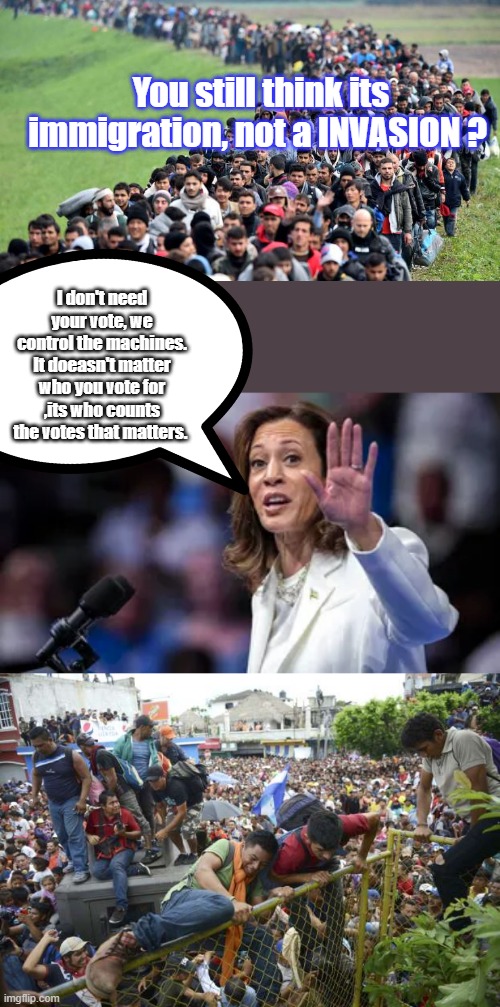 Overload the systems, you destroy the country. Everything ceases to function eventualy. Look up Barrys speech he'll tell you . | You still think its immigration, not a INVASION ? I don't need your vote, we control the machines. It doeasn't matter who you vote for ,its who counts the votes that matters. | made w/ Imgflip meme maker