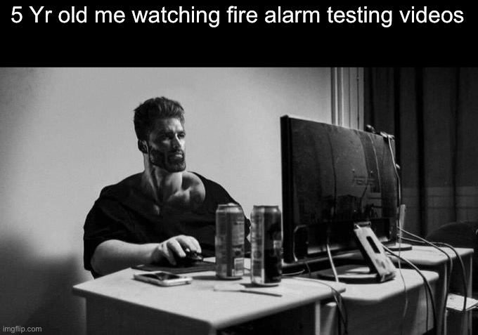 Gigachad On The Computer | 5 Yr old me watching fire alarm testing videos | image tagged in gigachad on the computer | made w/ Imgflip meme maker