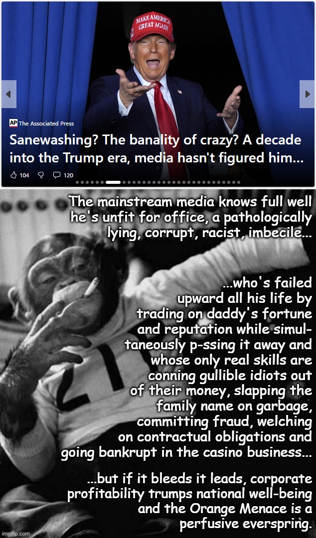 "J.J. Jameson pales in comparison" *OR* "Don't think for a second the Media doesn't have him pegged." | ...who's failed
upward all his life by
trading on daddy's fortune
and reputation while simul-
taneously p-ssing it away and
whose only real skills are
conning gullible idiots out
of their money, slapping the
family name on garbage,
committing fraud, welching
on contractual obligations and
going bankrupt in the casino business... The mainstream media knows full well
he's unfit for office, a pathologically
lying, corrupt, racist, imbecile... ...but if it bleeds it leads, corporate
profitability trumps national well-being
and the Orange Menace is a
perfusive everspring. | image tagged in monkey smoke zip,trump unfit unqualified dangerous,criminal | made w/ Imgflip meme maker